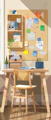 Fototapeta premium Simple study area with pin board, desk organizer, geometric illustration texture with face.