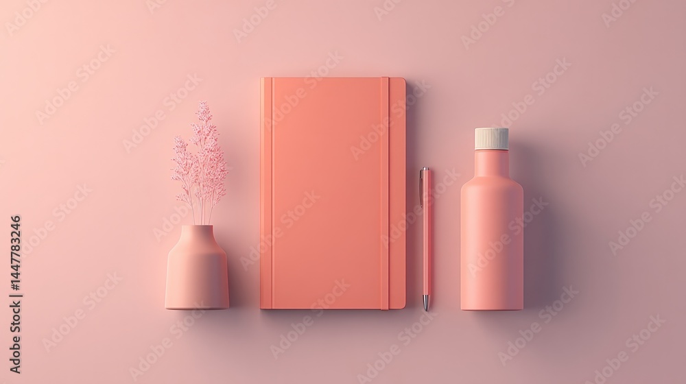 Poster clean desk layout showcasing essential stationery against solid color background with focus and mini