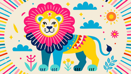 Cute lion illustration with colorful design against a bright background  