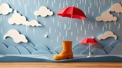 Cozy Rainy Day Scene Paper Cut Art with Yellow Boot and Red Umbrella