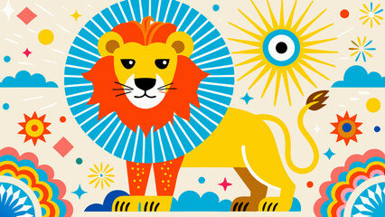 Fototapeta premium Children’s Drawings of Zodiac Lion with Colorful Patterns 