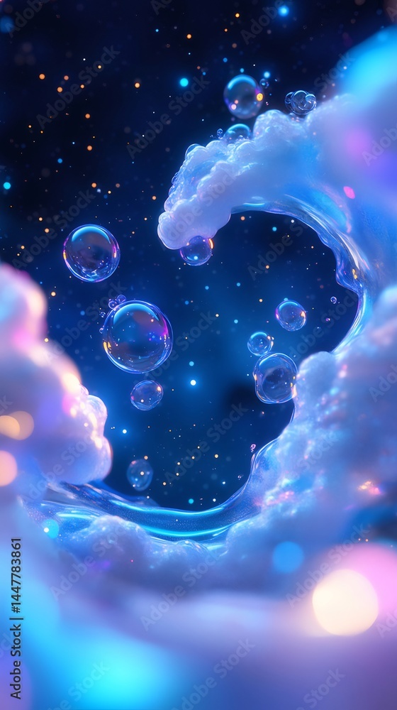 Aufkleber 幻想的な宇宙空間を思わせる泡と雲の背景 青色の輝きと神秘的な光の効果が特徴的