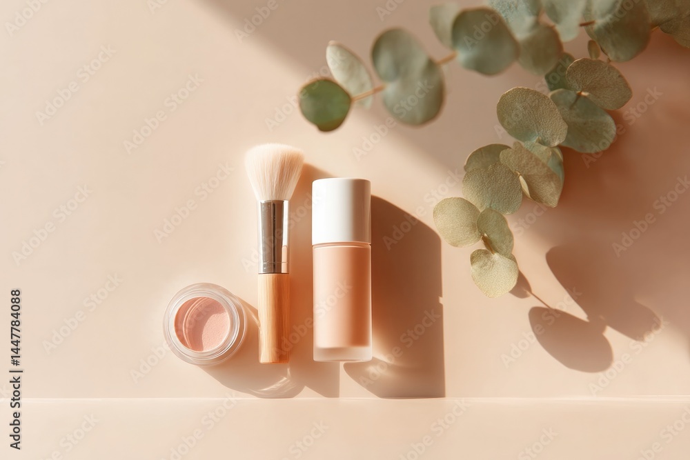 Poster close-up of everyday cosmetic items neatly arranged on clean smooth surface capturing simple eleganc