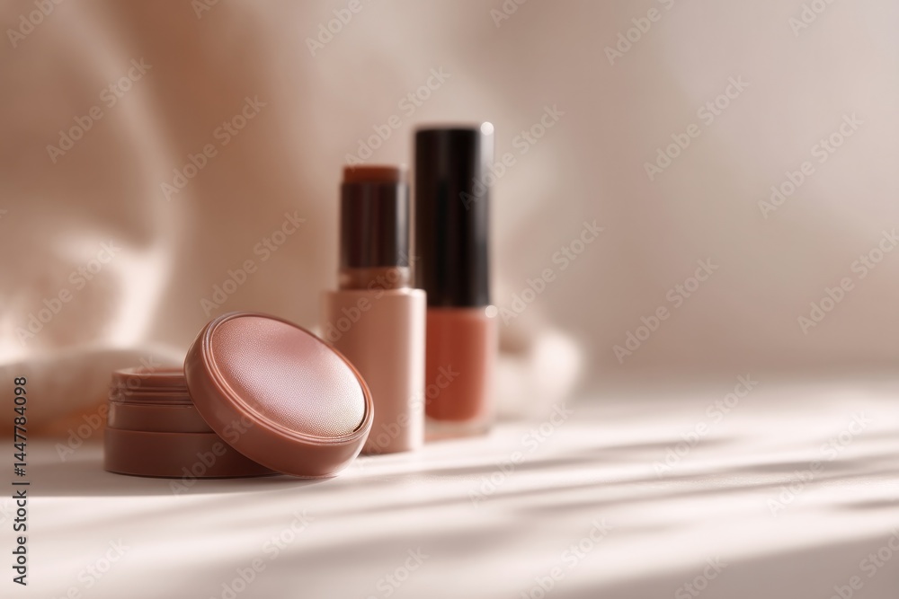 Poster close-up of everyday cosmetic items neatly arranged on clean smooth surface capturing simple eleganc