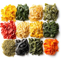 A vibrant collection of colorful pasta shapes arranged neatly on a white background showcasing various textures and colors.