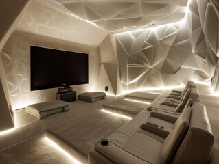 Fototapeta premium Sleek home theater boasts modular seating acoustic wall treatment hidden speakers and a minimalist console with ambient lighting.