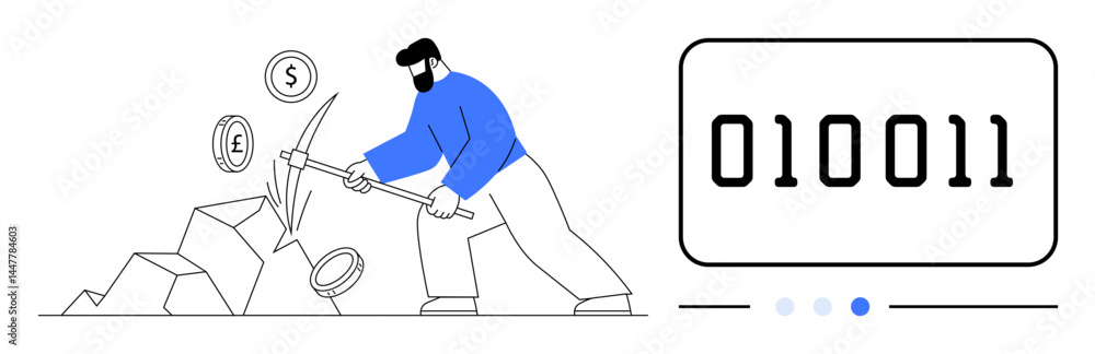 Poster man digging rocks with a pickaxe to extract money symbols while binary code signifies digital curren