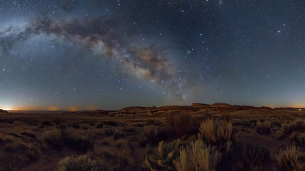 Fototapeta premium Panoramic night sky view of the Milky Way galaxy stretching over a dark, arid desert landscape with sparse vegetation. Astrophotography scene. 