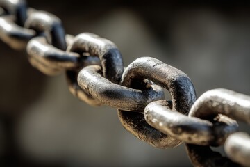 Close-up view of aged metallic chain highlighting texture and detail in bold light