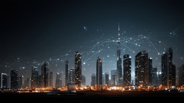 Cityscape with Digital Network Overlay