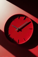 Bright red wall clock casting shadows in a minimalist setting during the afternoon light