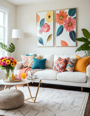 Bright Cozy Living Room Interior with Modern White Sofa, Colorful Cushions, Throw Blankets, Fresh Flowers and Geometric Wall Art – Welcoming Vibrant Home Design – Generative AI