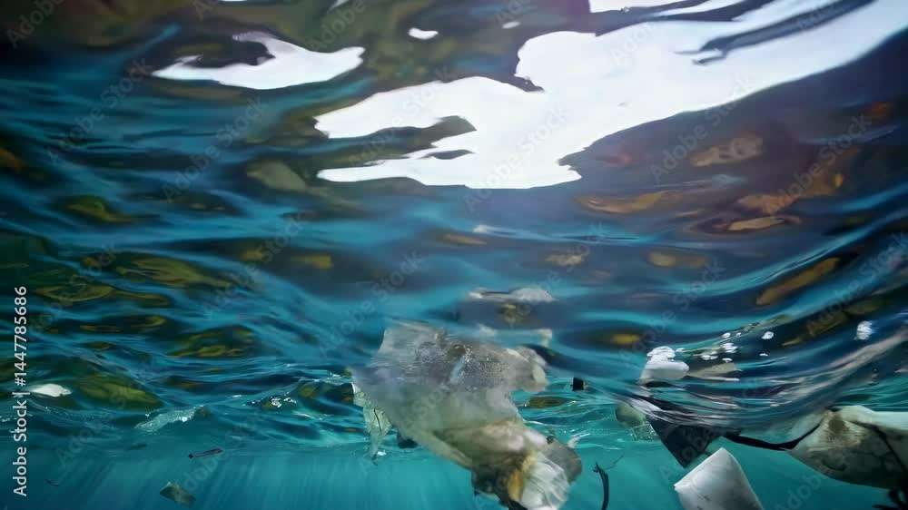 Poster underwater video shot from a low angle, capturing rippling water surface and reflections, creating a