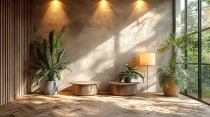Modern living room with natural light, featuring stylish wooden tables, lush plants, and a cozy lamp, perfect for interior design inspiration.
