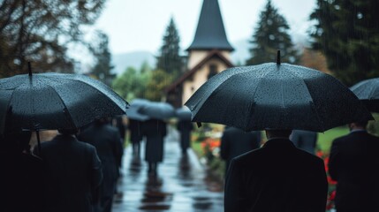 People with umbrellas walking in the rain on a path leading to a church surrounded by trees and flowers
