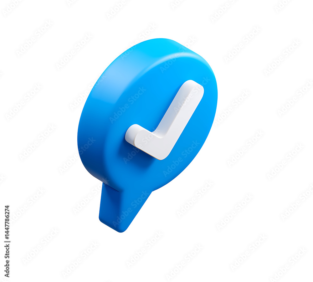 Poster 3d render of a blue speech bubble with white check mark icon on transparent background