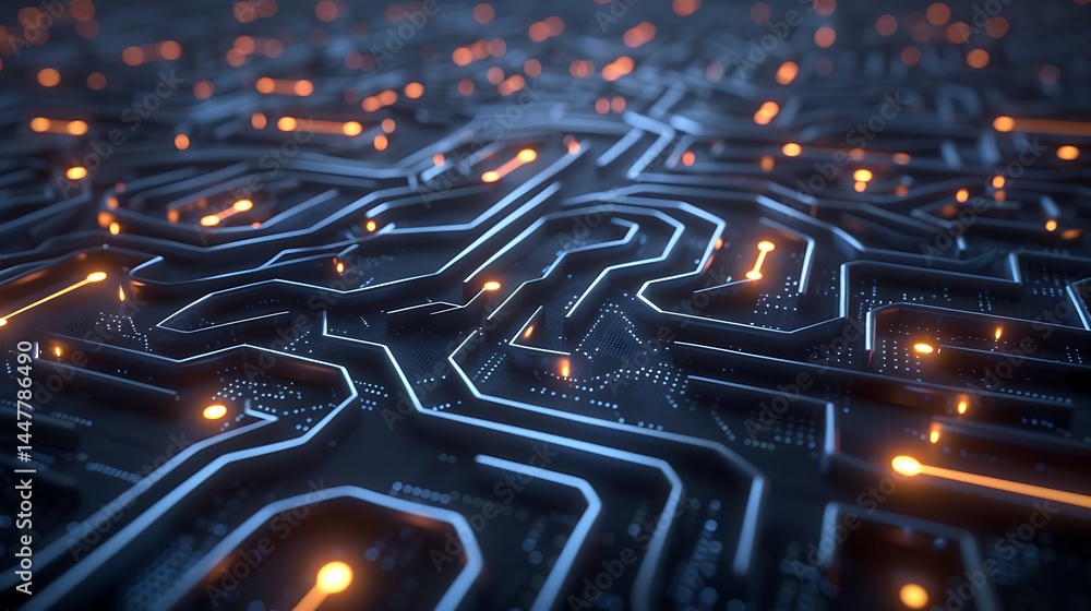 Poster close-up perspective view of a complex electronic circuit board with glowing blue pathways and orang
