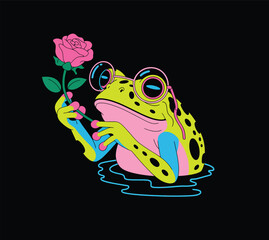 cute frog holding a flower style with flower clean silhouette color illustration