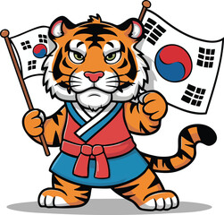 Korean Tiger Martial Artist with Flag Vector Illustration
