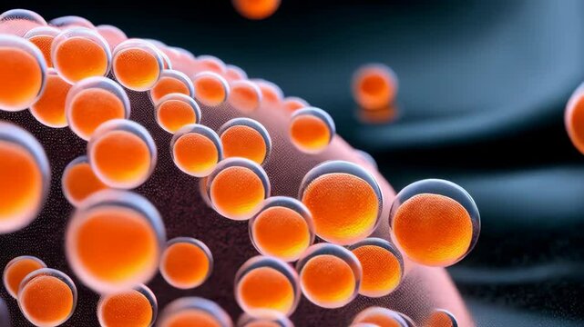 Abstract microscopic view of orange cells with blue halos floating in a dark fluid, rendered with depth of field for a scientific or medical concept.