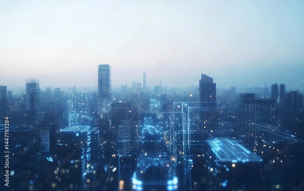 Poster 未来的な都市の夜景 青い光と高層ビルの風景 テクノロジーとデジタルデザインの都市景観