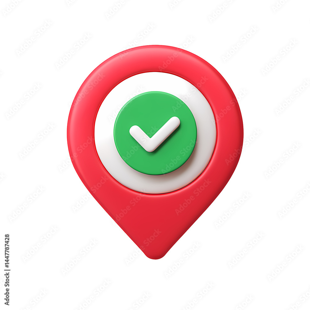 Poster 3d render of a red location pin icon with green check mark. check mark icon with pin.