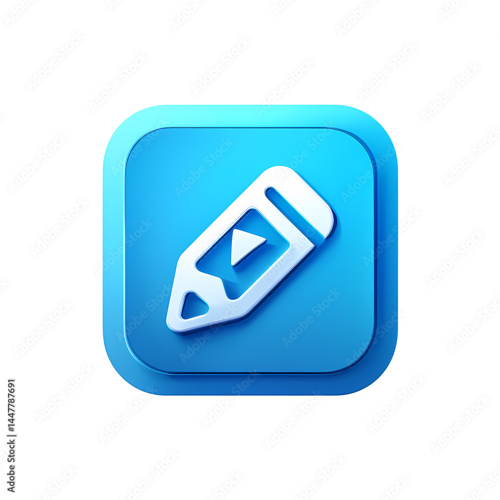 Poster 3d render of a blue square button with a white pencil icon on transparent background