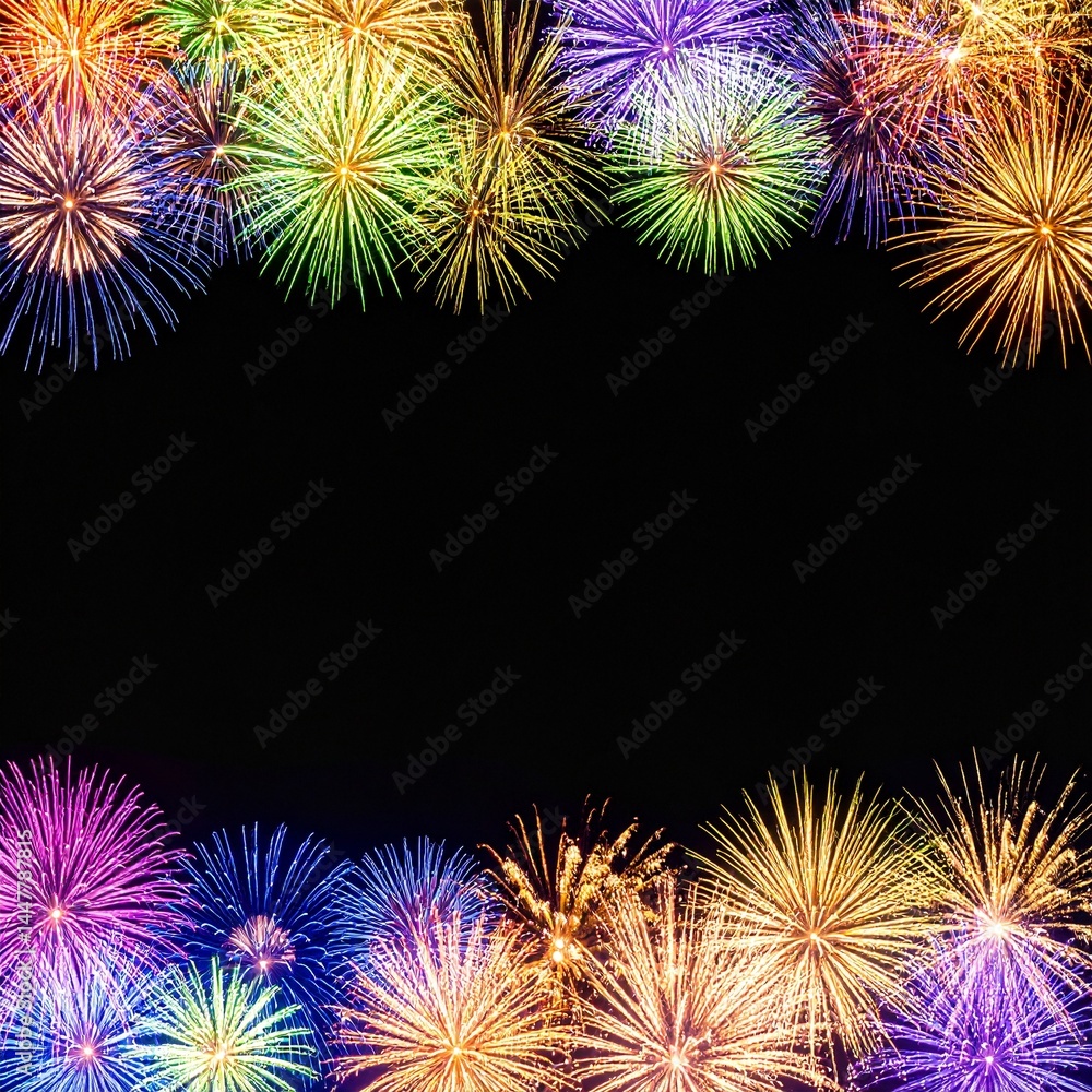 Wall mural beautiful border frame of colorful fireworks exploding background with copy space for text