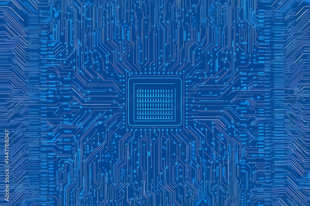 Aufkleber 青い回路基板の抽象的なデジタルデザインの中心部にある正方形のチップ要素の3dレンダリング