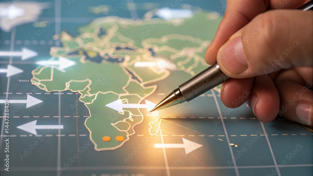 Poster imports strategy aligned with trade agreements concept. hand pointing at a world map with arrows ind