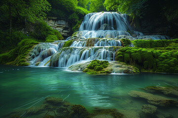 The tranquil and rejuvenating essence of the cascading waterfall in the gorge is captured in the ethereal dance of water and moss, creating a lush and serene atmosphere that epitomizes the essence of 