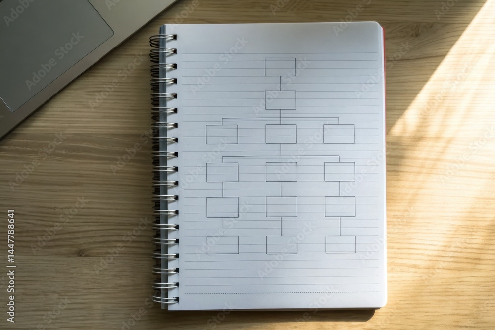 Poster imports strategy aligned with trade agreements concept. notebook with blank flowchart template on wo