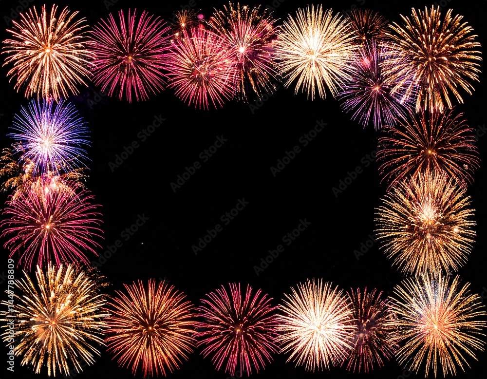 Wall mural beautiful border frame of colorful fireworks exploding background with copy space for text