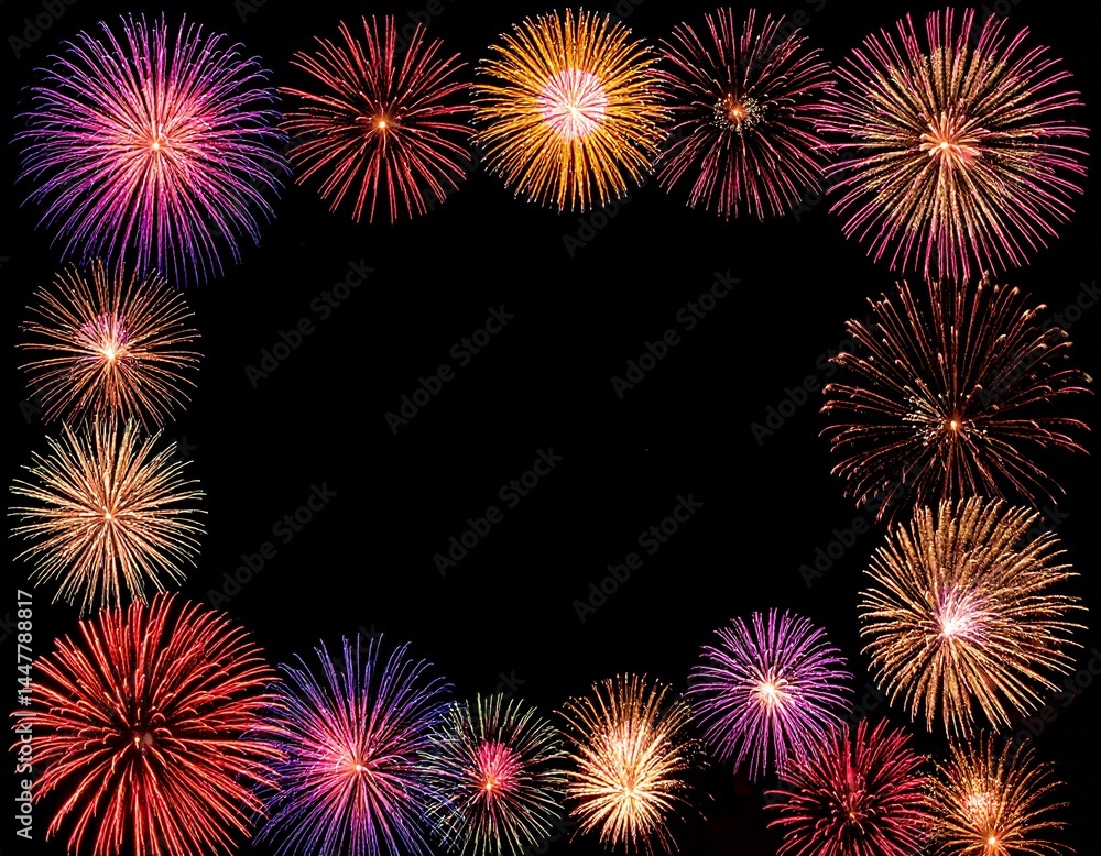 Wall mural beautiful border frame of colorful fireworks exploding background with copy space for text