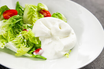 Burrata cheese salad buffalo milk cheese salad dish fresh delicious gourmet food background on the table rustic food top view copy space keto and paleo diet vegetarian
