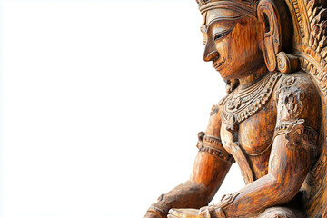 photo of antique hand carved wooden statue on white background