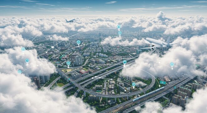 Above the Clouds Cityscape Flight Paths - Aerial view of a city's transportation network, air travel, technological connections, and infrastructure, all intertwined above a sea of clouds