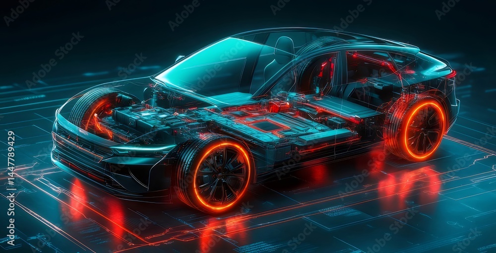 Aufkleber 未来的な自動車のデジタル表現 青とオレンジの光を放つ粒子で構成されたデザイン
