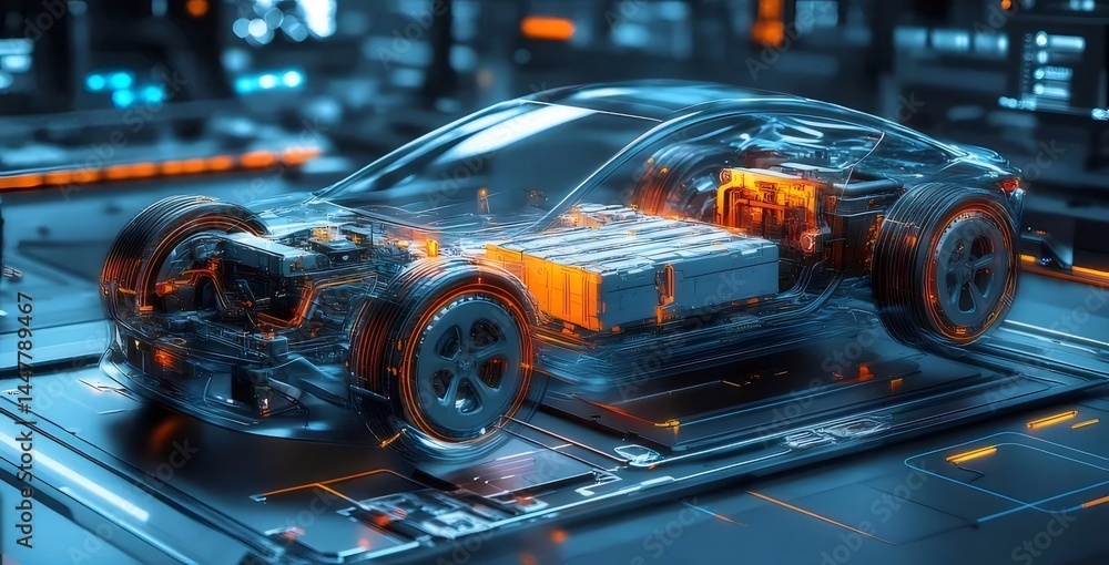 Aufkleber 未来的な自動車のデジタル表現 オレンジ色の発光する機械的構造を備えた車の内部構造の詳細なレンダリング