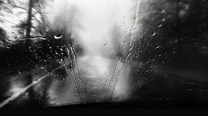 Black and white photo of a car driving through a heavy rain. The focus is on the windshield, which is covered in raindrops.