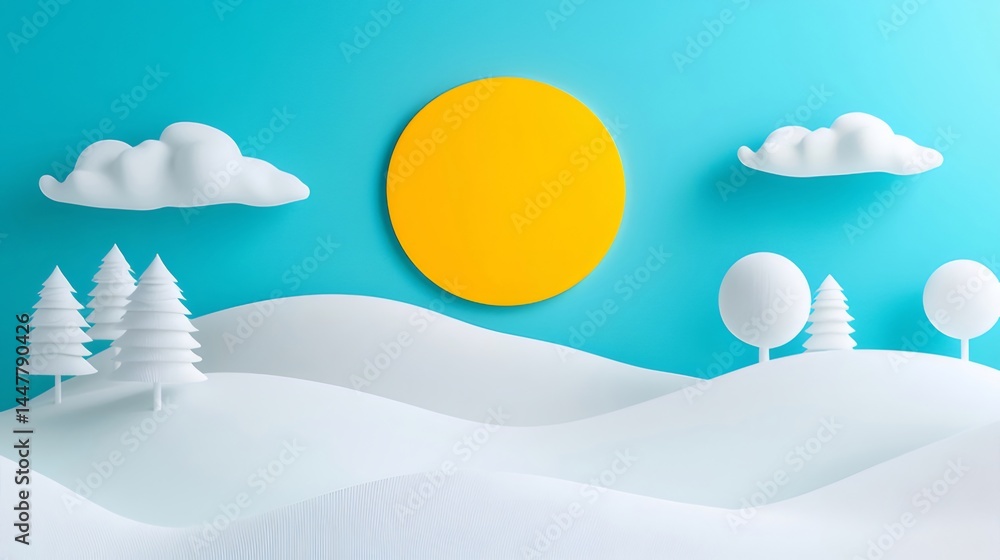 Aufkleber 白い雪景色と青い空に輝く太陽と雲 3dピクセルデザインのミニマルな風景
