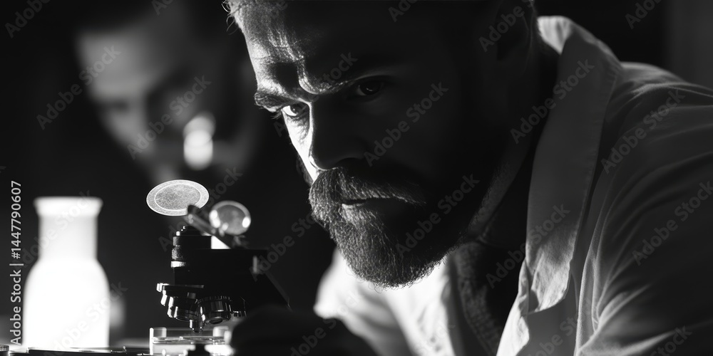 Poster a bearded scientist wearing a lab coat intensely examining samples under a microscope.