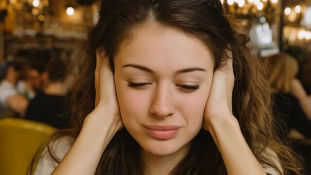 Young woman covering ears with hands, looking distressed amidst a bustling cafe environment, seeking solace and quiet from noisy surroundings.