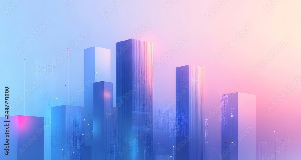 Aufkleber 抽象的なデジタル都市風景 幾何学的な高層ビルとグラデーションライト 背景に青とピンクの空
