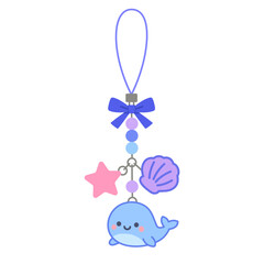 Vector illustration of a cute whale charm with a star and shell. Kawaii ocean-themed keychain with pastel colors, bow, and beads. Ideal for children’s gifts and accessories.