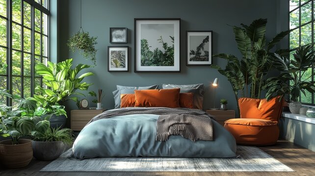 Cozy modern bedroom with lush greenery, featuring a stylish bed and vibrant accents, perfect for promoting relaxation and contemporary interior design.