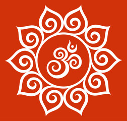 White OM symbol surrounded by spiral lotus petals in mandala form on red background. Spiritual design for meditation, yoga, and sacred art. OM, lotus, spiral, mandala, Hindu, spiritual, vector, red