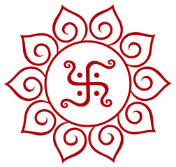 Red line art of swastika surrounded by spiral lotus petals in a circular mandala. Sacred Hindu symbol of prosperity, positivity, and spiritual energy. Swastika, lotus, mandala, Hindu, vector, spiral