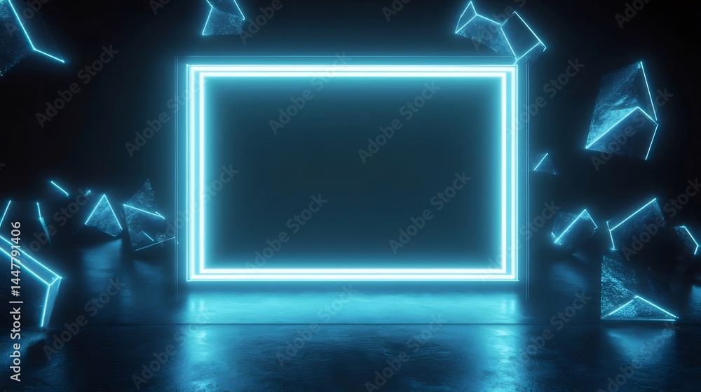 Poster glowing neon blue square frame with scattered geometric crystal shapes against black backdrop