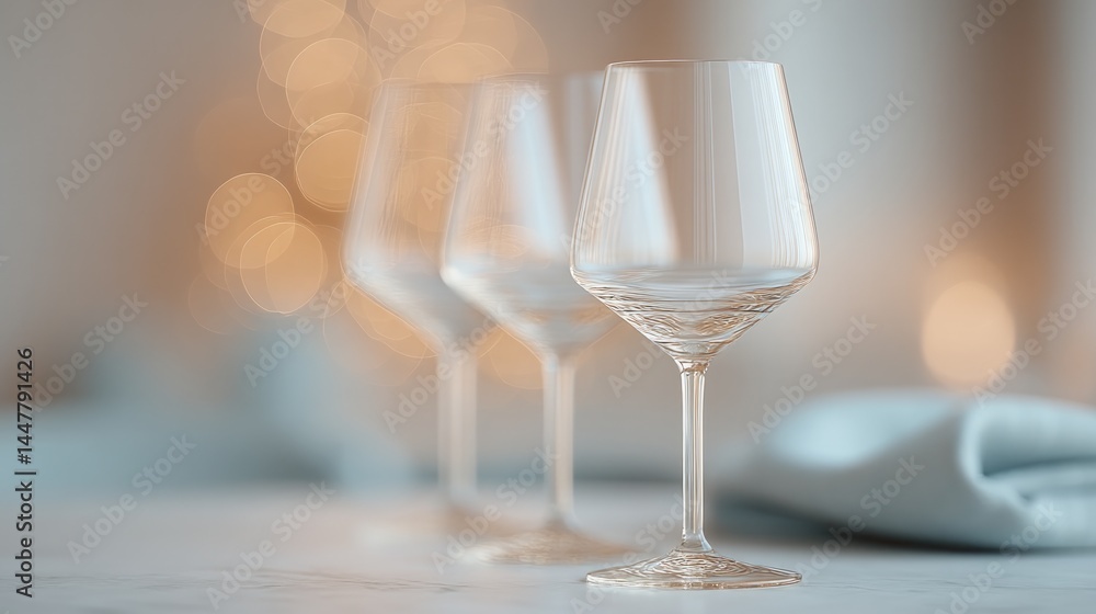 Poster minimalist composition featuring sophisticated wine display with empty wine glasses blurred figures 